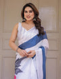 White & Steel Blue Abstract Floral Printed Satin Georgette Saree with Matching Blouse – Modern Party & Evening Wear