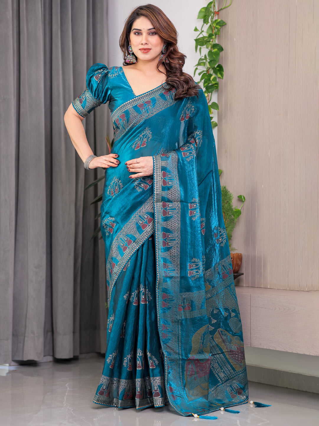 Teal Peacock Blue Fendi Satin Block & Foil Print Saree with Traditional Motif Border & Tassel Detail Blouse