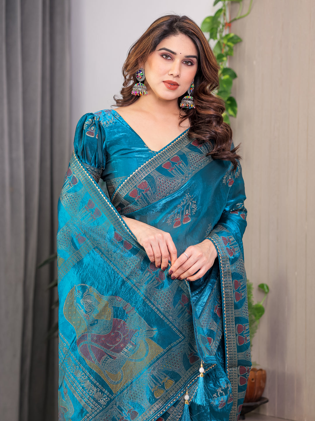 Teal Peacock Blue Fendi Satin Block & Foil Print Saree with Traditional Motif Border & Tassel Detail Blouse