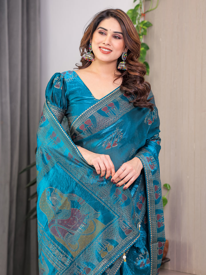 Teal Peacock Blue Fendi Satin Block & Foil Print Saree with Traditional Motif Border & Tassel Detail Blouse