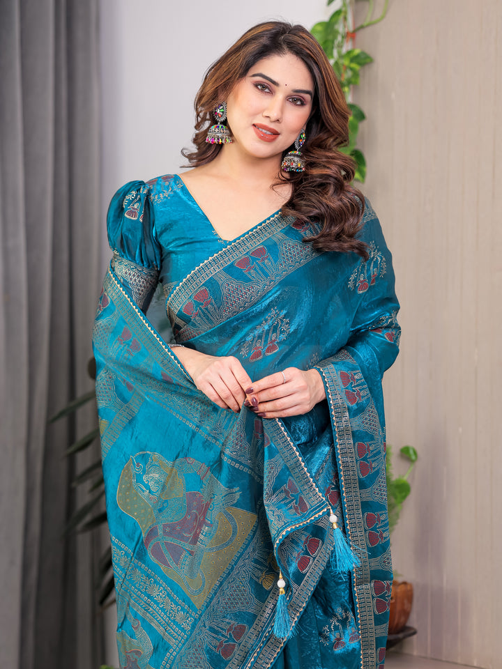 Teal Peacock Blue Fendi Satin Block & Foil Print Saree with Traditional Motif Border & Tassel Detail Blouse