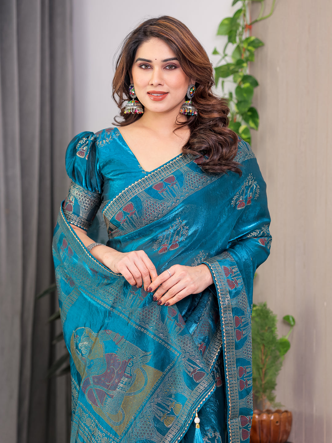 Teal Peacock Blue Fendi Satin Block & Foil Print Saree with Traditional Motif Border & Tassel Detail Blouse