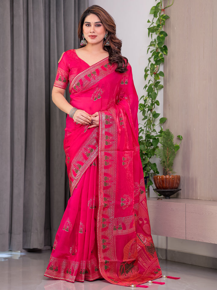 Rani Pink Fendi Satin Block & Foil Print Saree with Traditional Motif Border & Tassel Detail Blouse