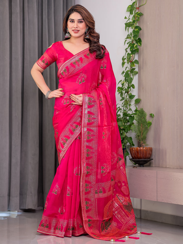 Rani Pink Fendi Satin Block & Foil Print Saree with Traditional Motif Border & Tassel Detail Blouse