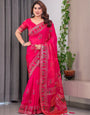 Rani Pink Fendi Satin Block & Foil Print Saree with Traditional Motif Border & Tassel Detail Blouse