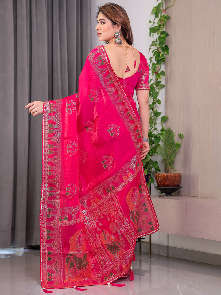 Rani Pink Fendi Satin Block & Foil Print Saree with Traditional Motif Border & Tassel Detail Blouse