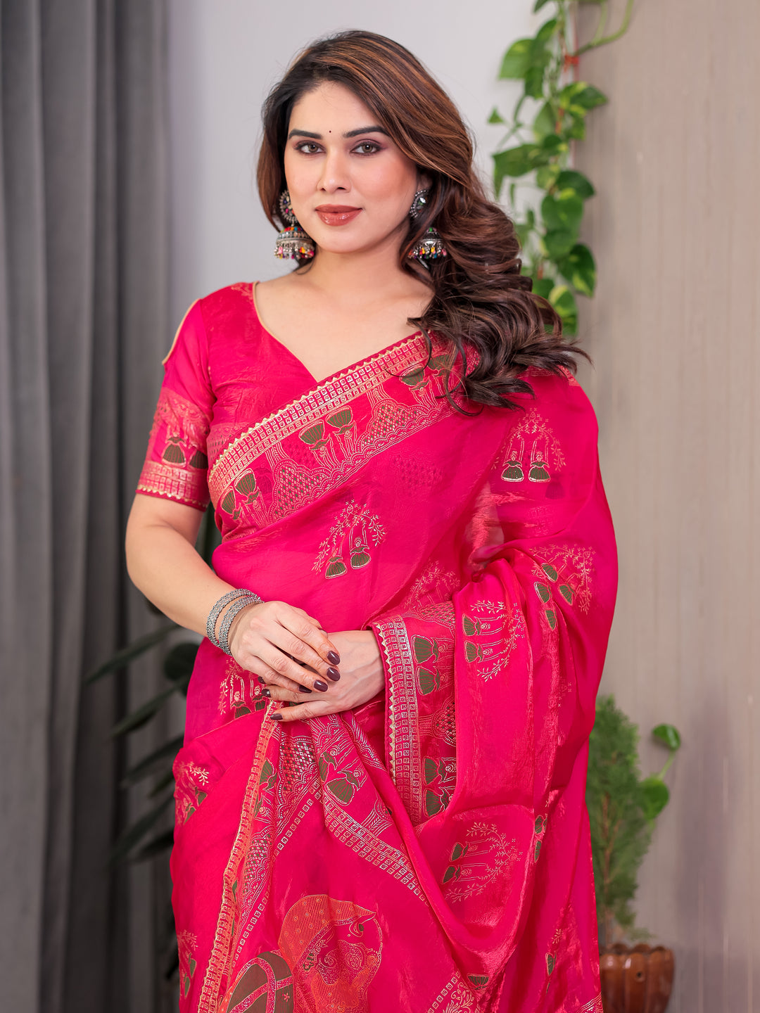 Rani Pink Fendi Satin Block & Foil Print Saree with Traditional Motif Border & Tassel Detail Blouse