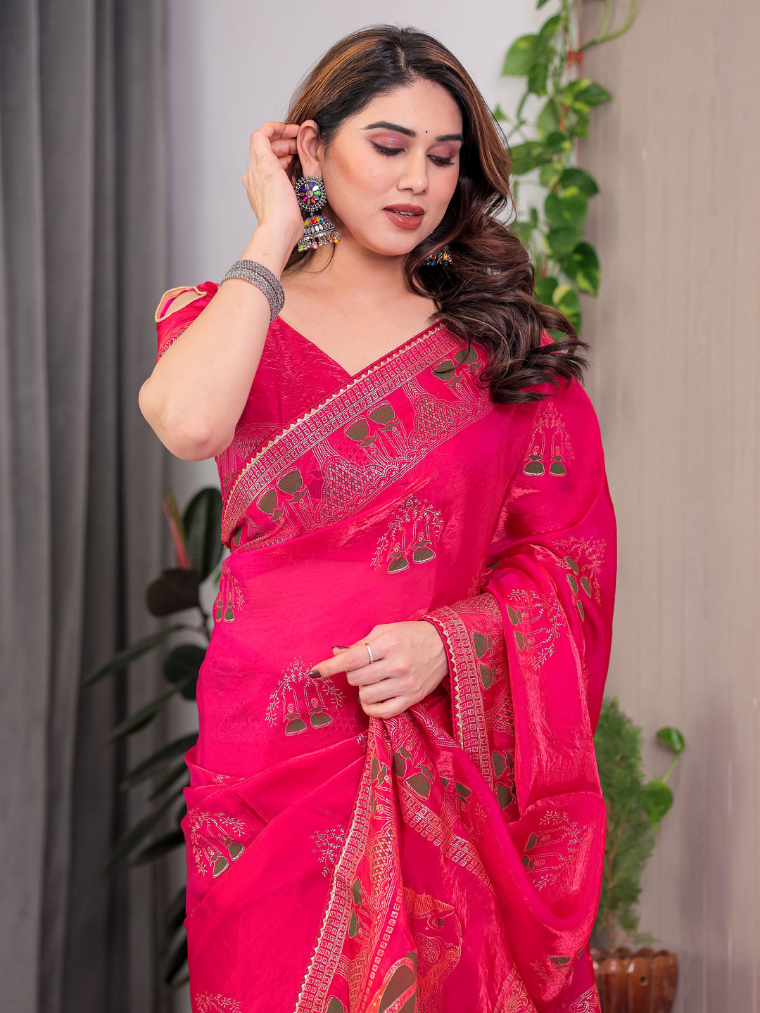 Rani Pink Fendi Satin Block & Foil Print Saree with Traditional Motif Border & Tassel Detail Blouse