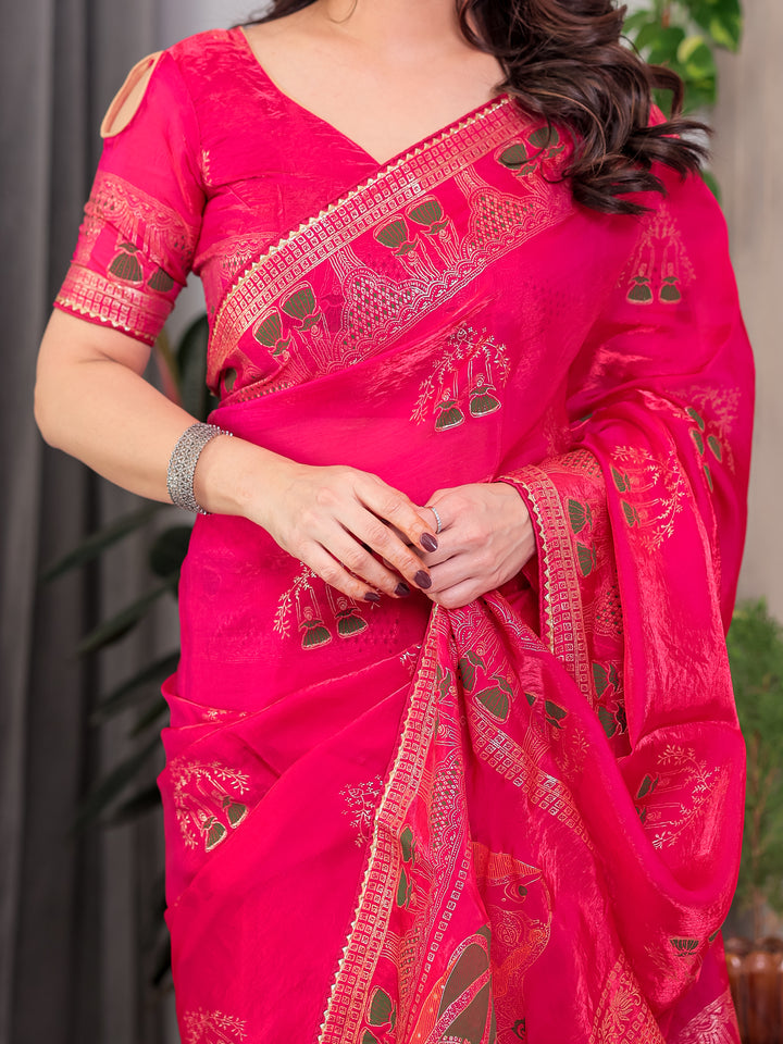 Rani Pink Fendi Satin Block & Foil Print Saree with Traditional Motif Border & Tassel Detail Blouse
