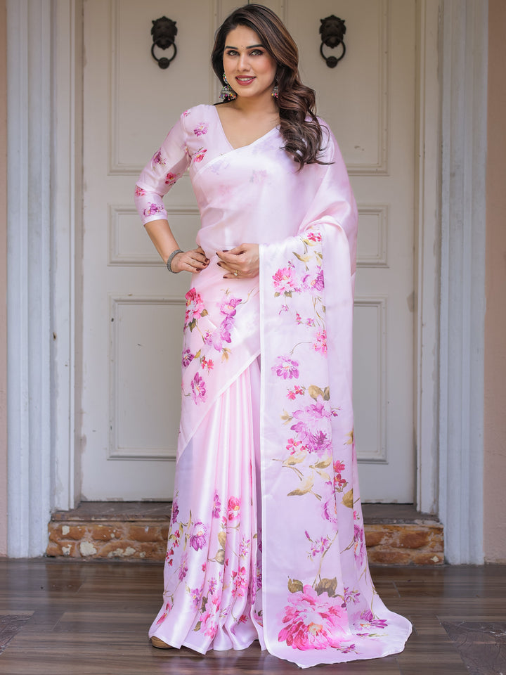 Baby Pink Floral Printed Satin Georgette Saree with Matching Blouse – Soft Romantic Party & Day Wear