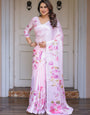 Baby Pink Floral Printed Satin Georgette Saree with Matching Blouse – Soft Romantic Party & Day Wear