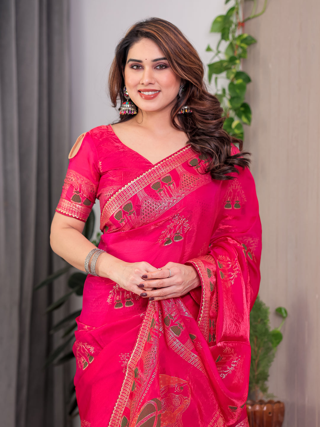 Rani Pink Fendi Satin Block & Foil Print Saree with Traditional Motif Border & Tassel Detail Blouse