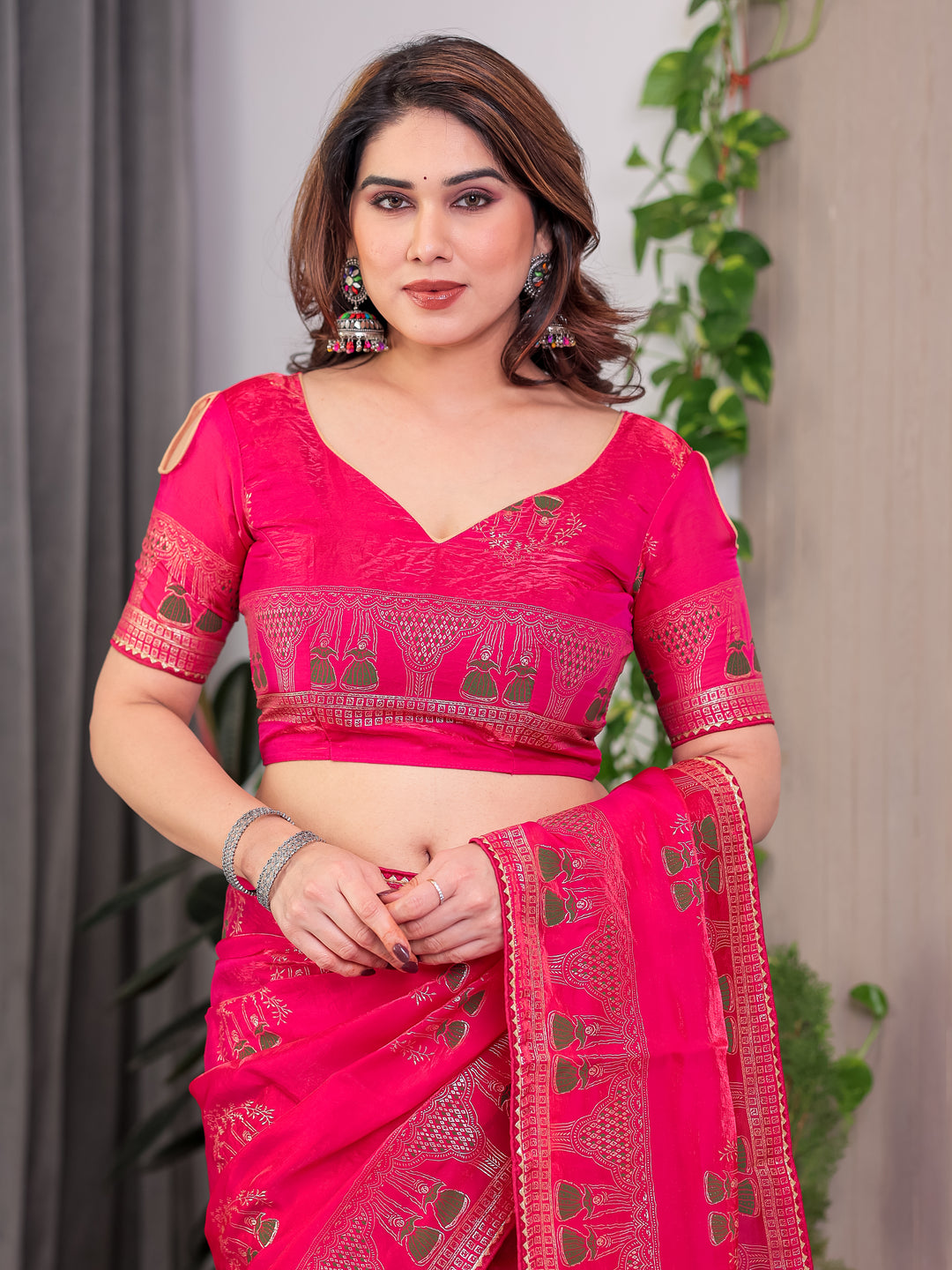 Rani Pink Fendi Satin Block & Foil Print Saree with Traditional Motif Border & Tassel Detail Blouse