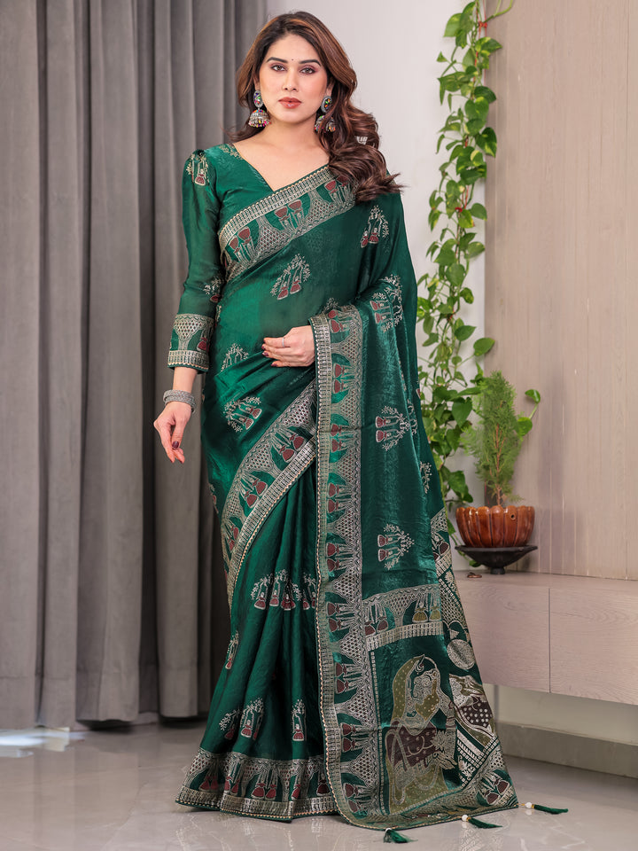 Emerald Green Fendi Satin Block & Foil Print Saree with Heritage Motif Border & Tassel Detail Blouse