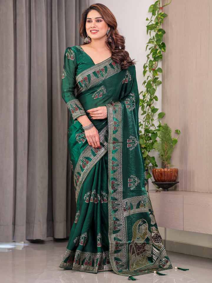Emerald Green Fendi Satin Block & Foil Print Saree with Heritage Motif Border & Tassel Detail Blouse