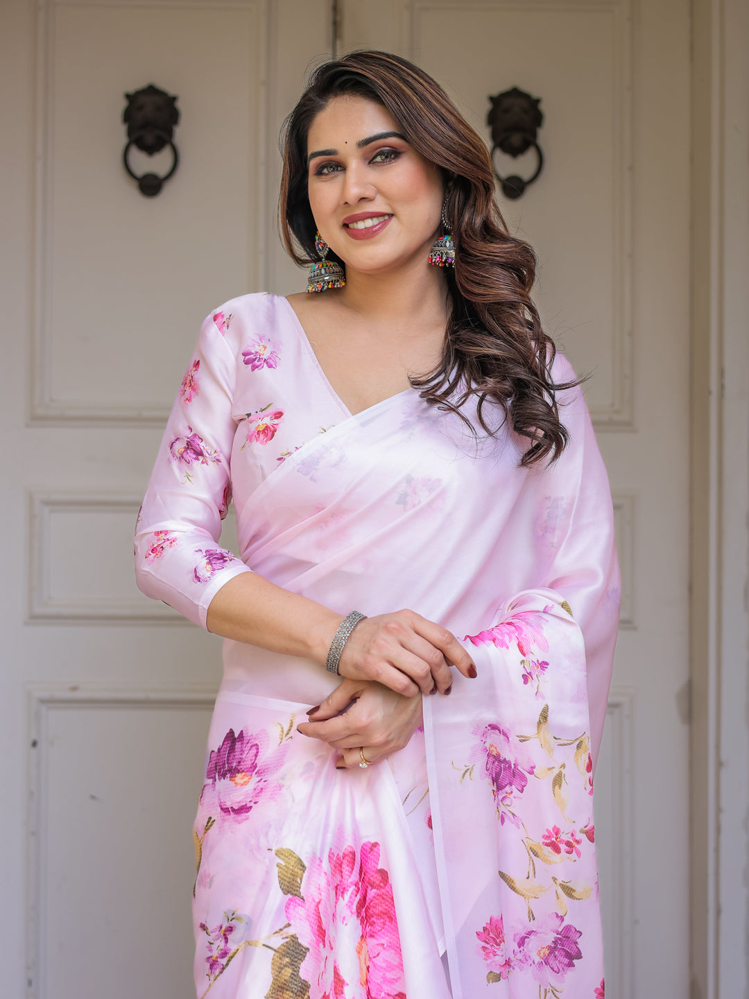 Baby Pink Floral Printed Satin Georgette Saree with Matching Blouse – Soft Romantic Party & Day Wear