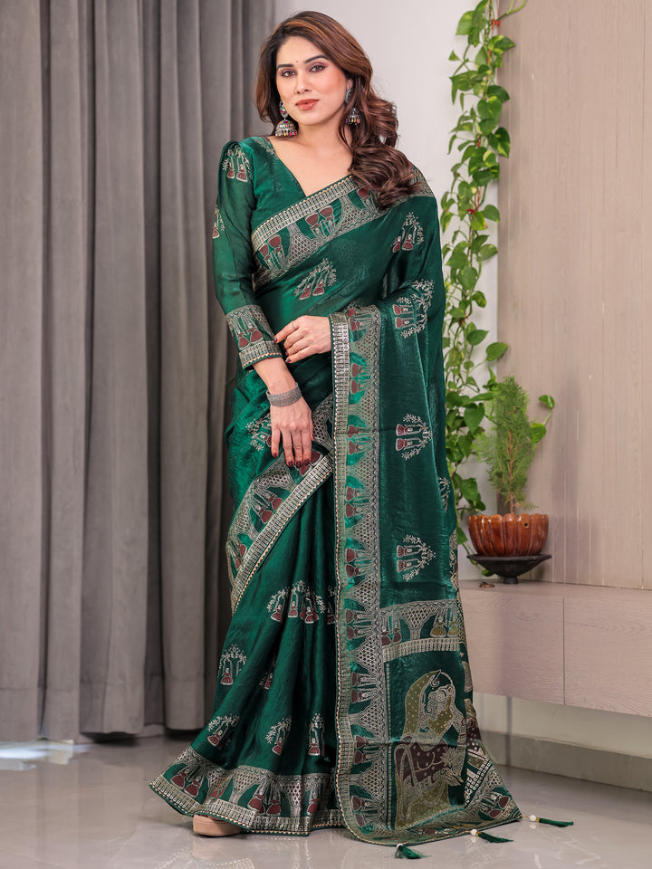 Emerald Green Fendi Satin Block & Foil Print Saree with Heritage Motif Border & Tassel Detail Blouse