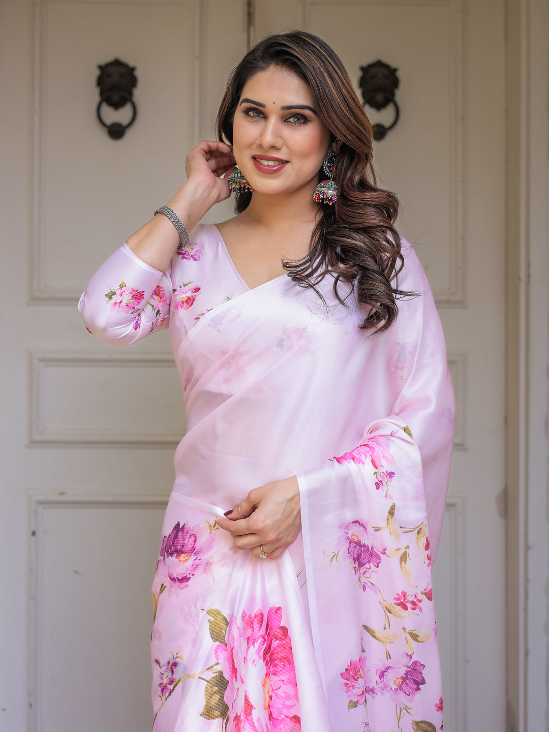 Baby Pink Floral Printed Satin Georgette Saree with Matching Blouse – Soft Romantic Party & Day Wear