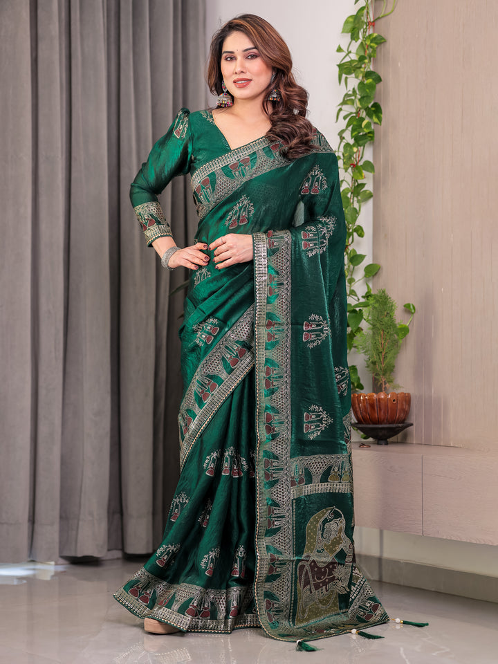 Emerald Green Fendi Satin Block & Foil Print Saree with Heritage Motif Border & Tassel Detail Blouse