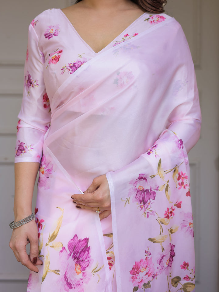 Baby Pink Floral Printed Satin Georgette Saree with Matching Blouse – Soft Romantic Party & Day Wear