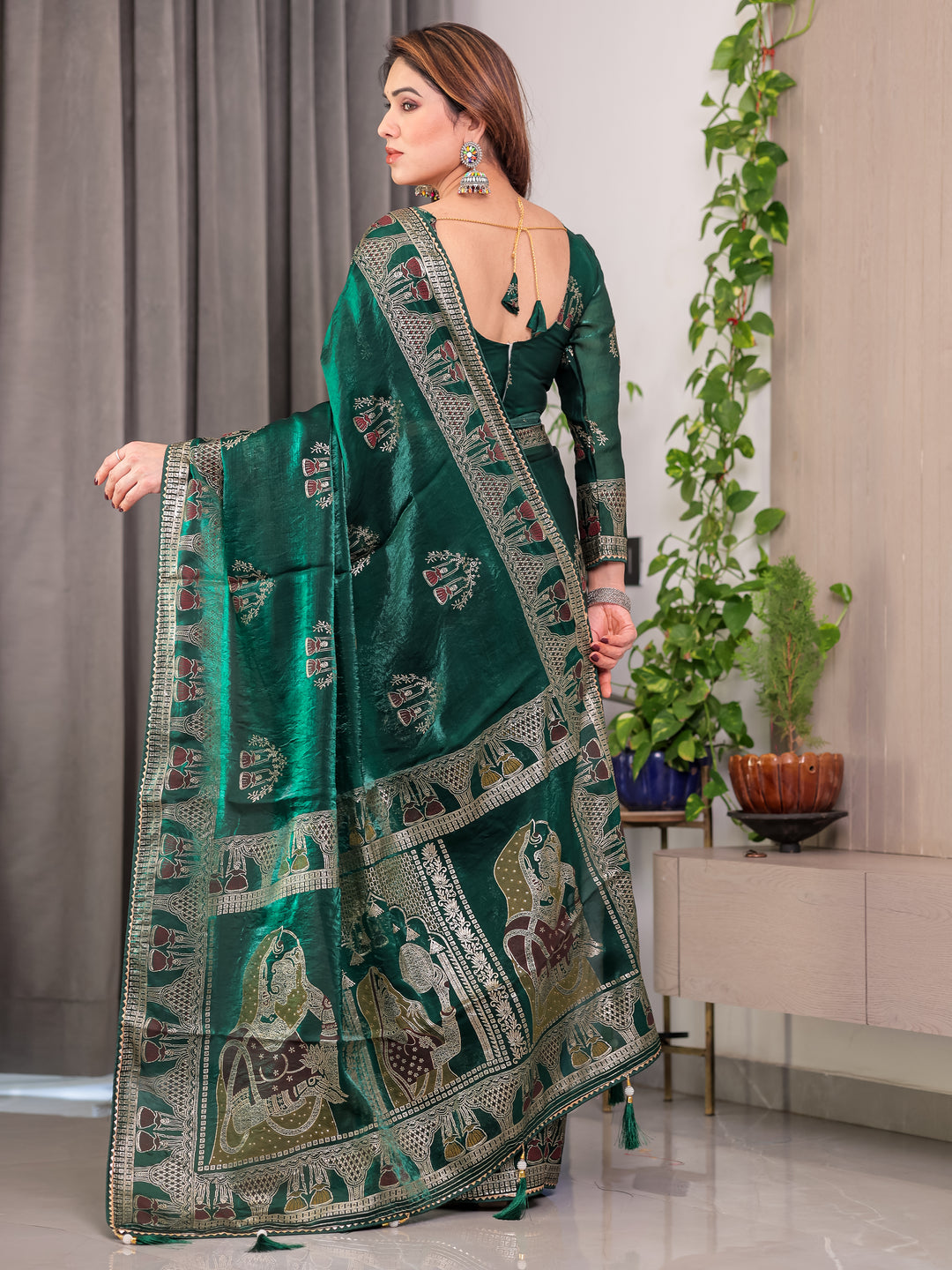 Emerald Green Fendi Satin Block & Foil Print Saree with Heritage Motif Border & Tassel Detail Blouse