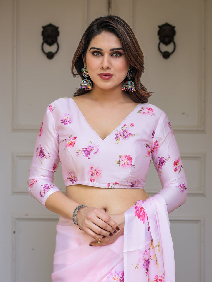 Baby Pink Floral Printed Satin Georgette Saree with Matching Blouse – Soft Romantic Party & Day Wear