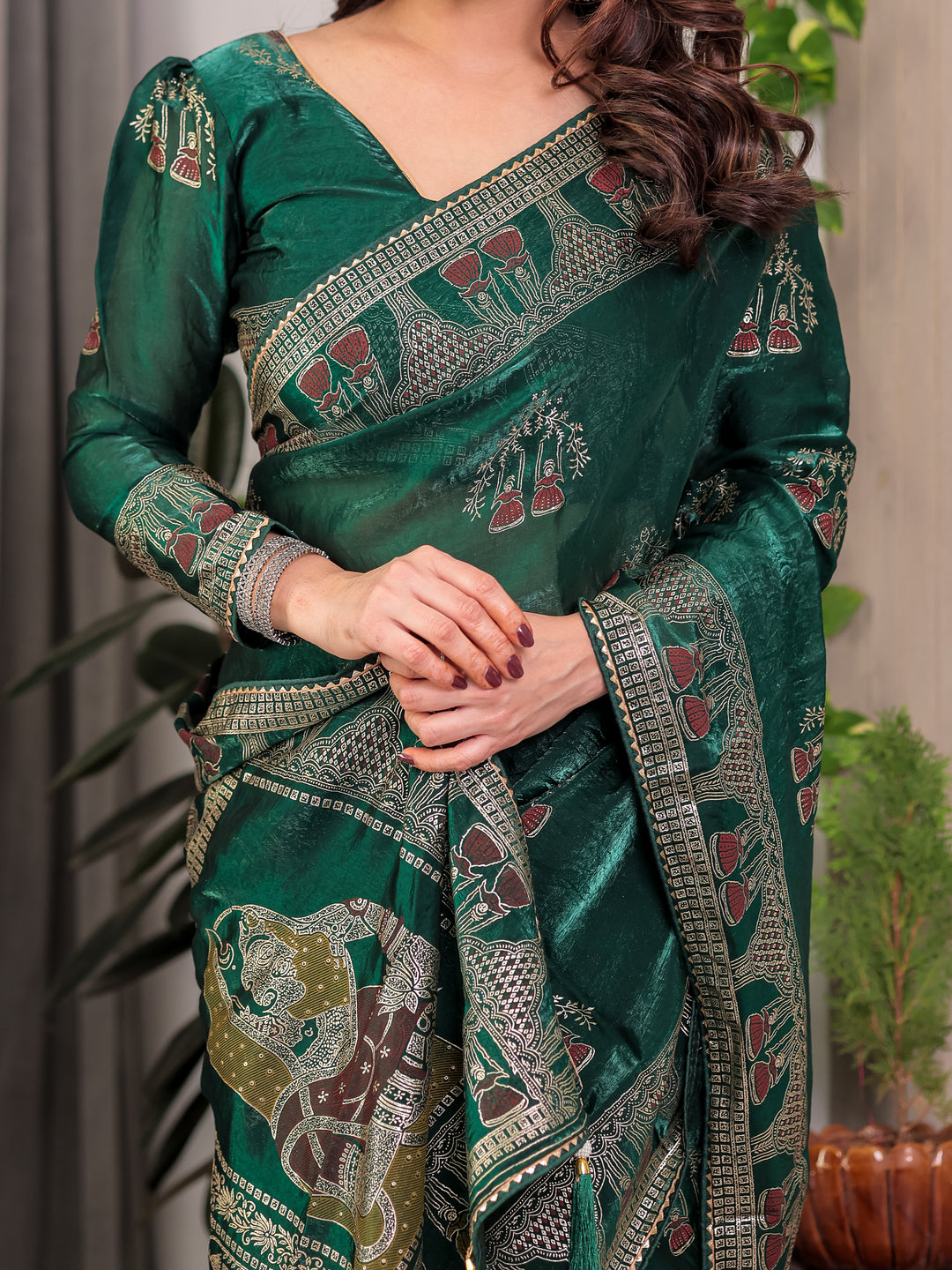 Emerald Green Fendi Satin Block & Foil Print Saree with Heritage Motif Border & Tassel Detail Blouse