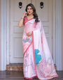 Pastel Pink Abstract Floral Printed Satin Georgette Saree with Contrast Coral Border & Matching Blouse – Modern Elegant Wear