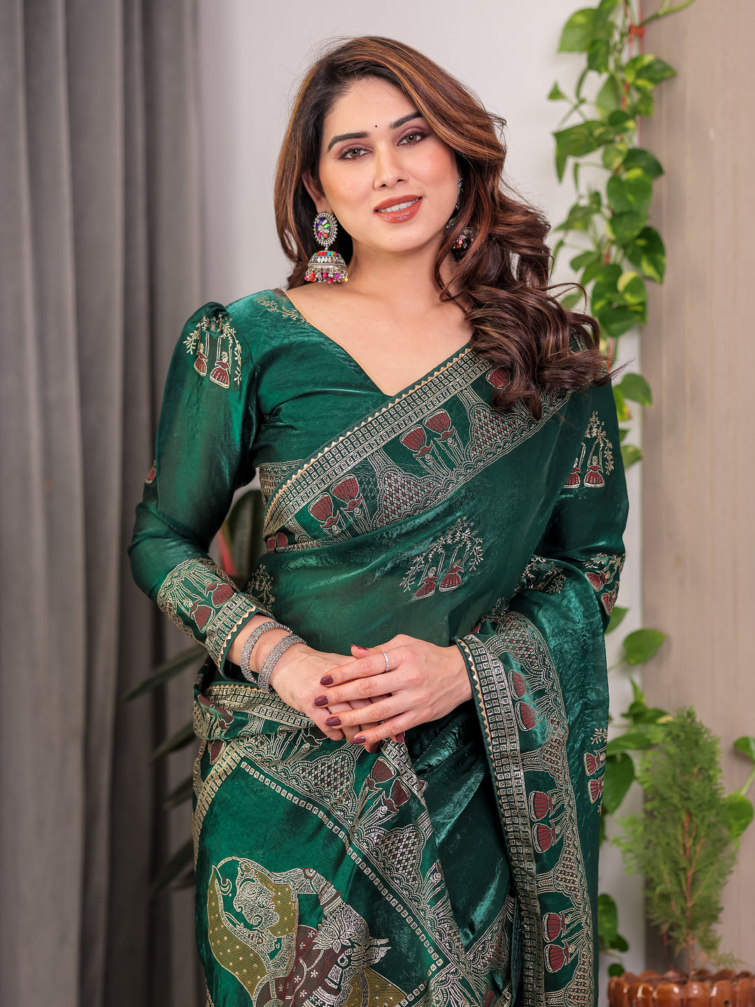 Emerald Green Fendi Satin Block & Foil Print Saree with Heritage Motif Border & Tassel Detail Blouse