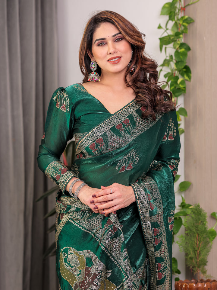 Emerald Green Fendi Satin Block & Foil Print Saree with Heritage Motif Border & Tassel Detail Blouse