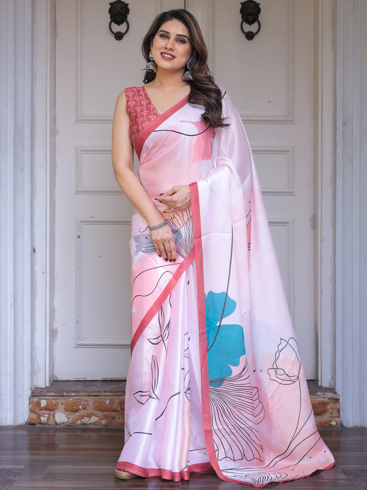 Pastel Pink Abstract Floral Printed Satin Georgette Saree with Contrast Coral Border & Matching Blouse – Modern Elegant Wear