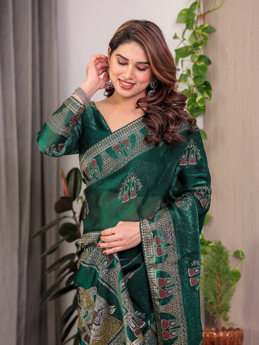 Emerald Green Fendi Satin Block & Foil Print Saree with Heritage Motif Border & Tassel Detail Blouse