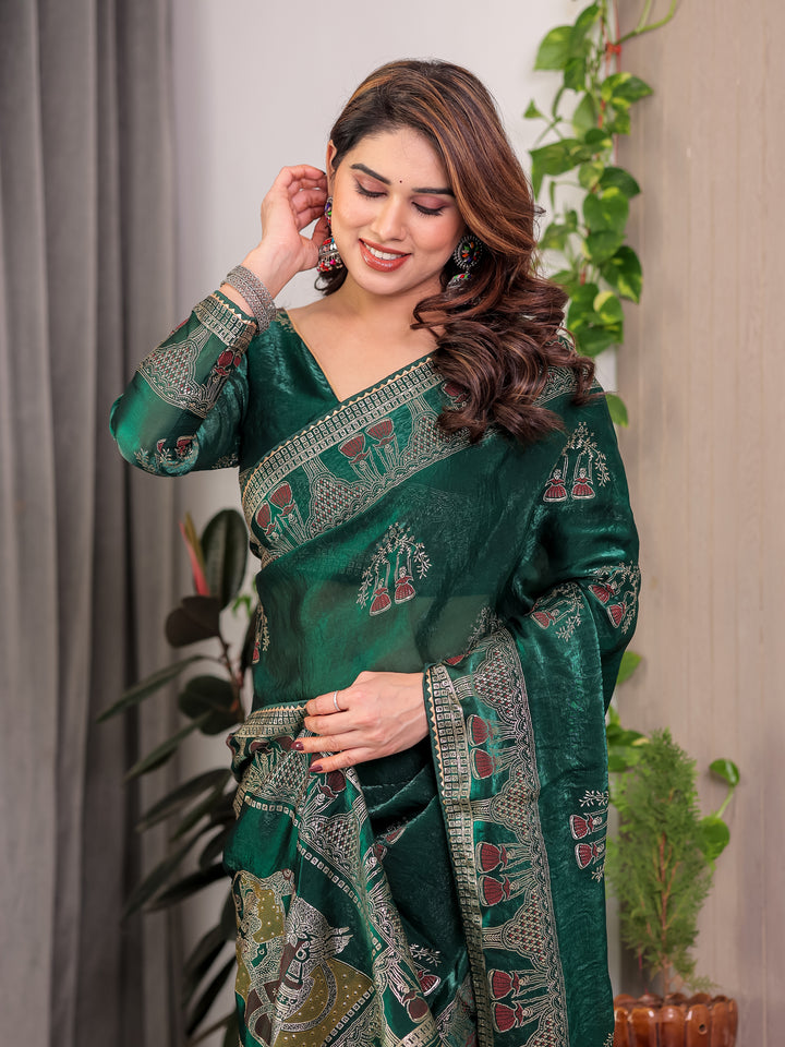 Emerald Green Fendi Satin Block & Foil Print Saree with Heritage Motif Border & Tassel Detail Blouse