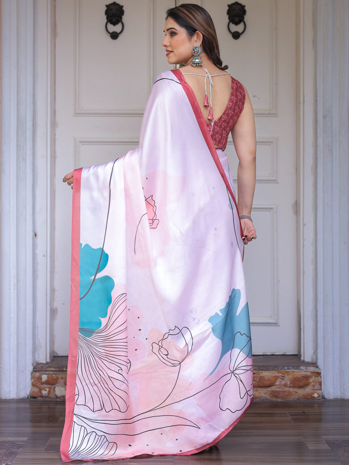 Pastel Pink Abstract Floral Printed Satin Georgette Saree with Contrast Coral Border & Matching Blouse – Modern Elegant Wear