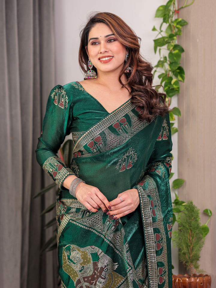 Emerald Green Fendi Satin Block & Foil Print Saree with Heritage Motif Border & Tassel Detail Blouse