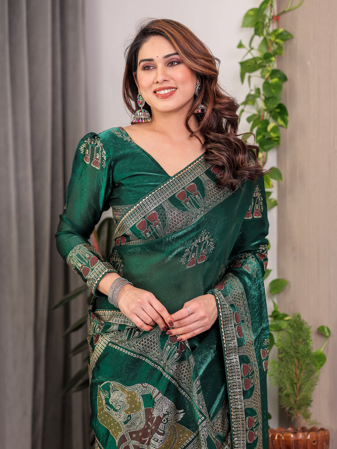 Emerald Green Fendi Satin Block & Foil Print Saree with Heritage Motif Border & Tassel Detail Blouse