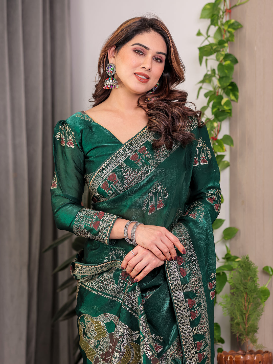 Emerald Green Fendi Satin Block & Foil Print Saree with Heritage Motif Border & Tassel Detail Blouse