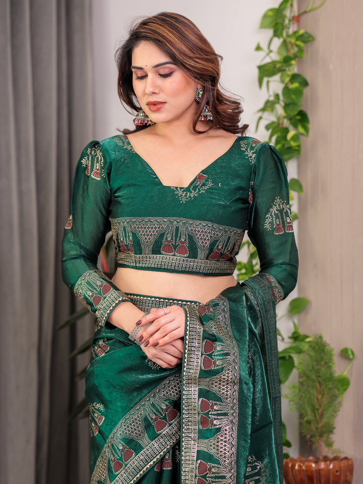 Emerald Green Fendi Satin Block & Foil Print Saree with Heritage Motif Border & Tassel Detail Blouse