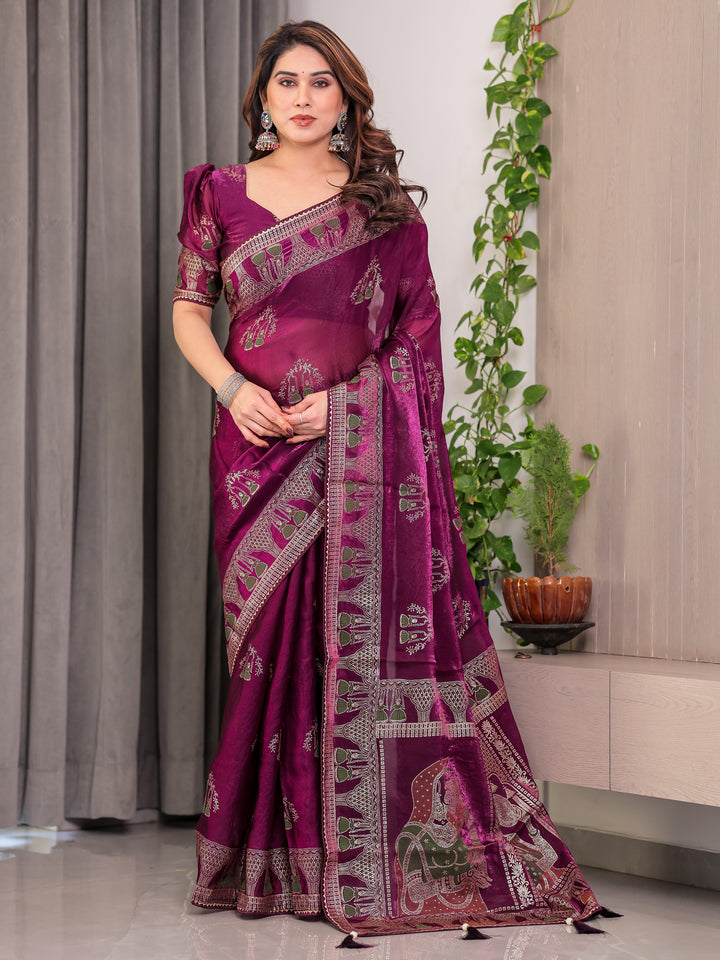 Wine Plum Fendi Satin Block & Foil Print Saree with Traditional Motif Border & Tassel Detail Blouse