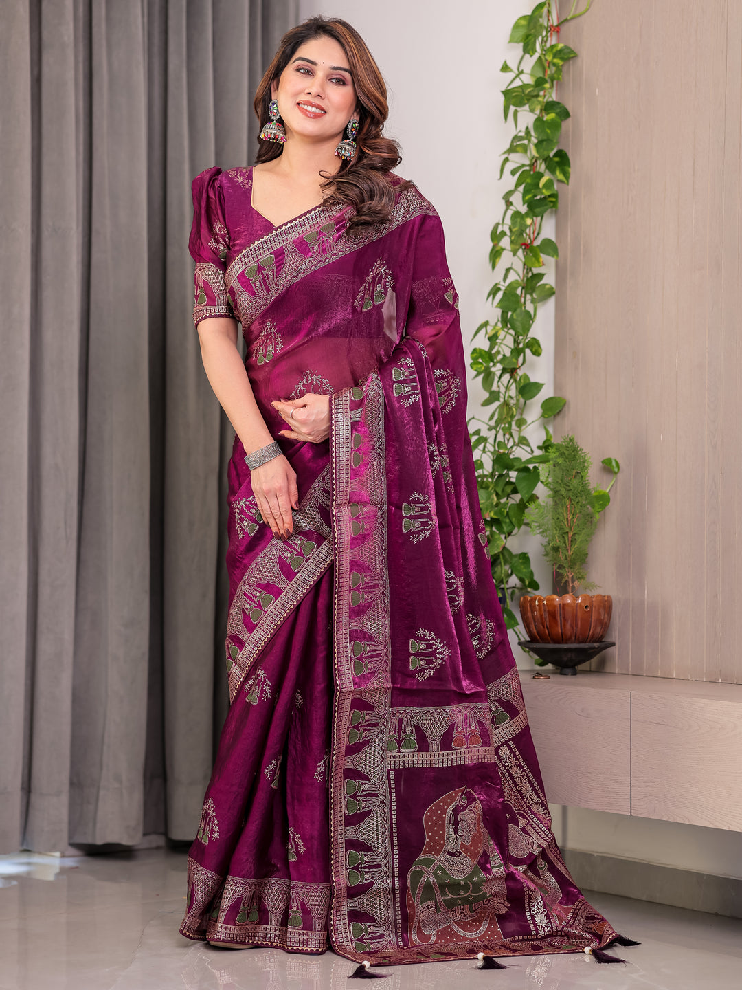 Wine Plum Fendi Satin Block & Foil Print Saree with Traditional Motif Border & Tassel Detail Blouse
