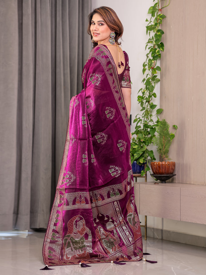 Wine Plum Fendi Satin Block & Foil Print Saree with Traditional Motif Border & Tassel Detail Blouse