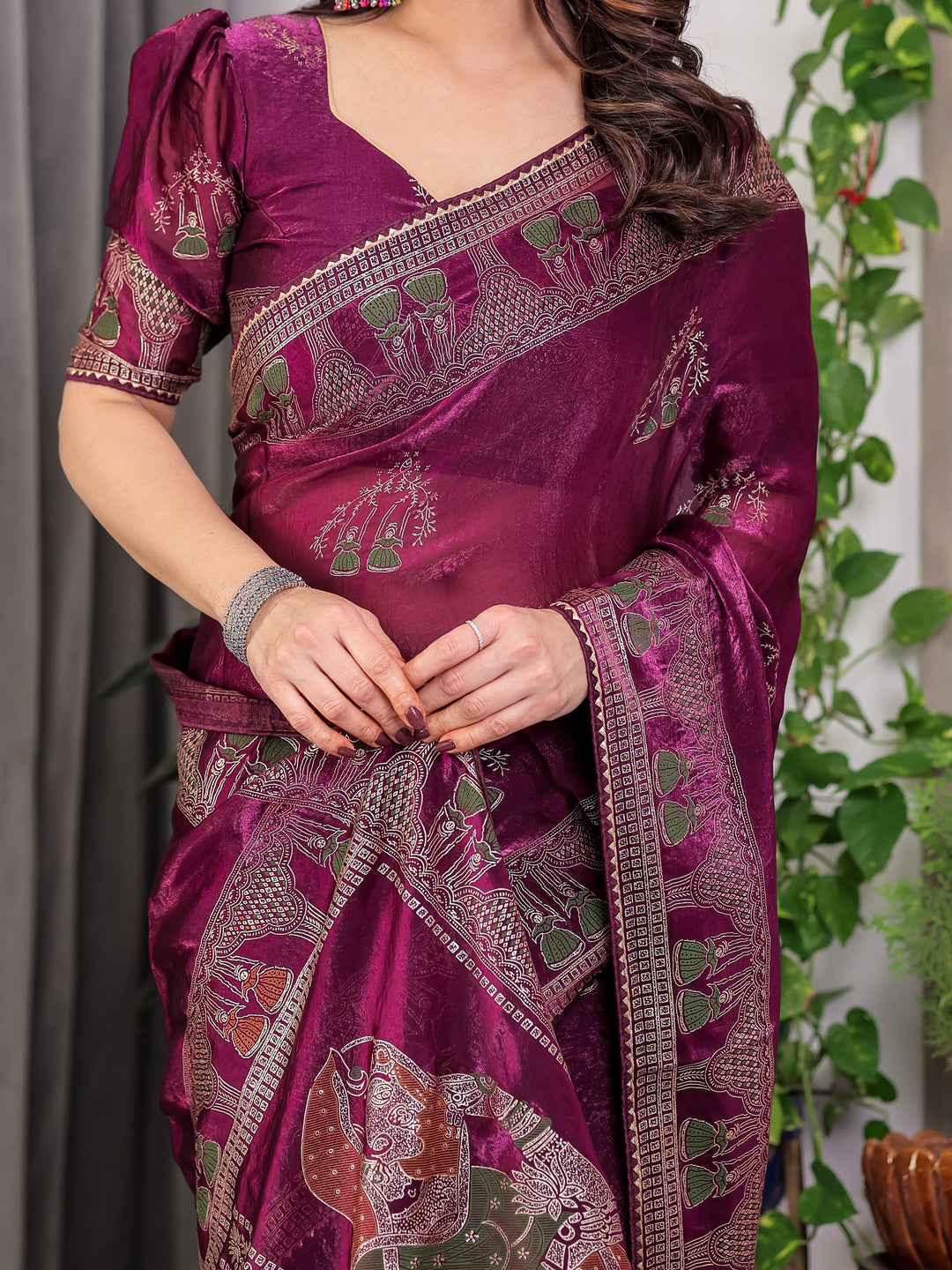 Wine Plum Fendi Satin Block & Foil Print Saree with Traditional Motif Border & Tassel Detail Blouse