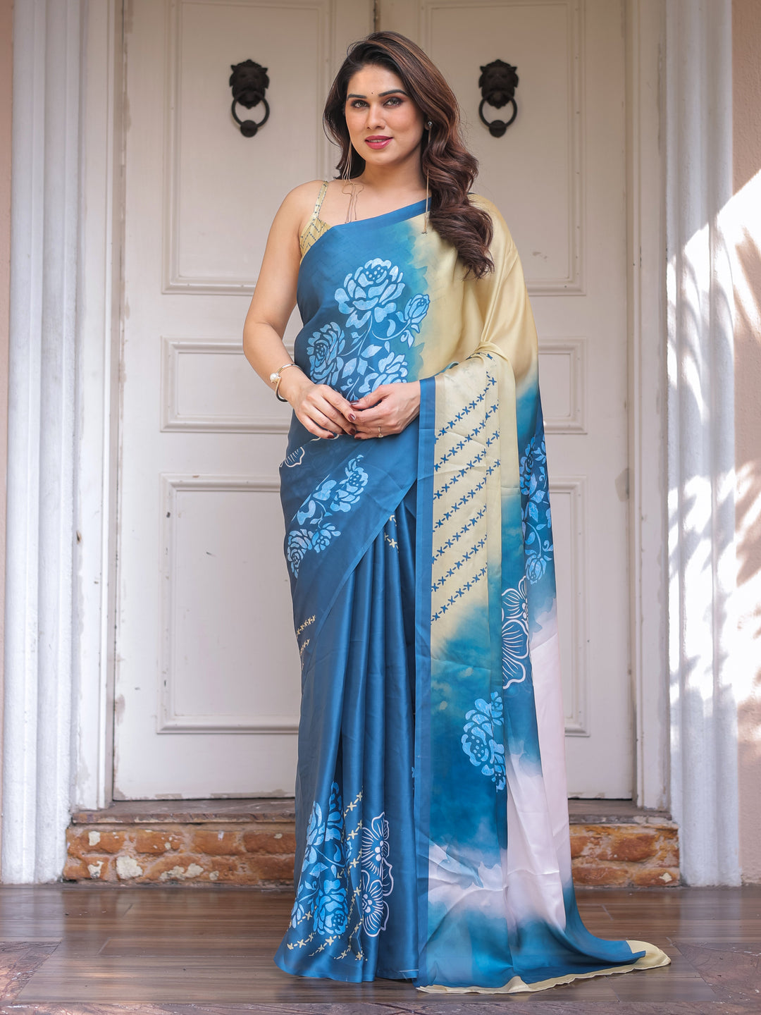 Steel Blue Ombre Floral Satin Georgette Saree with Contrast Pallu & Unstitched Blouse – Modern Festive & Party Wear