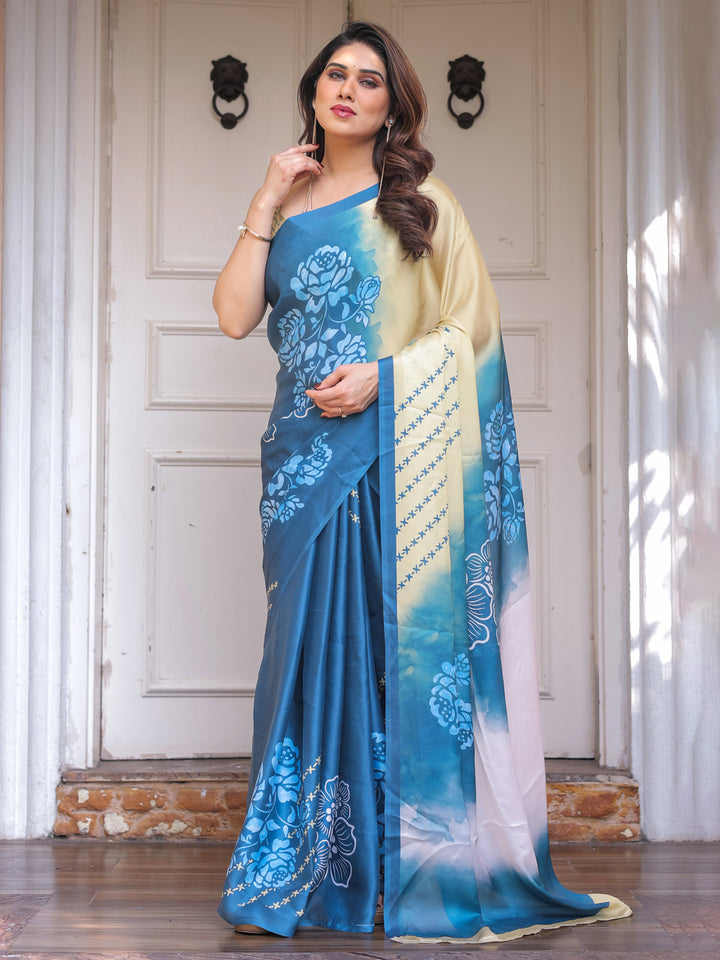 Steel Blue Ombre Floral Satin Georgette Saree with Contrast Pallu & Unstitched Blouse – Modern Festive & Party Wear