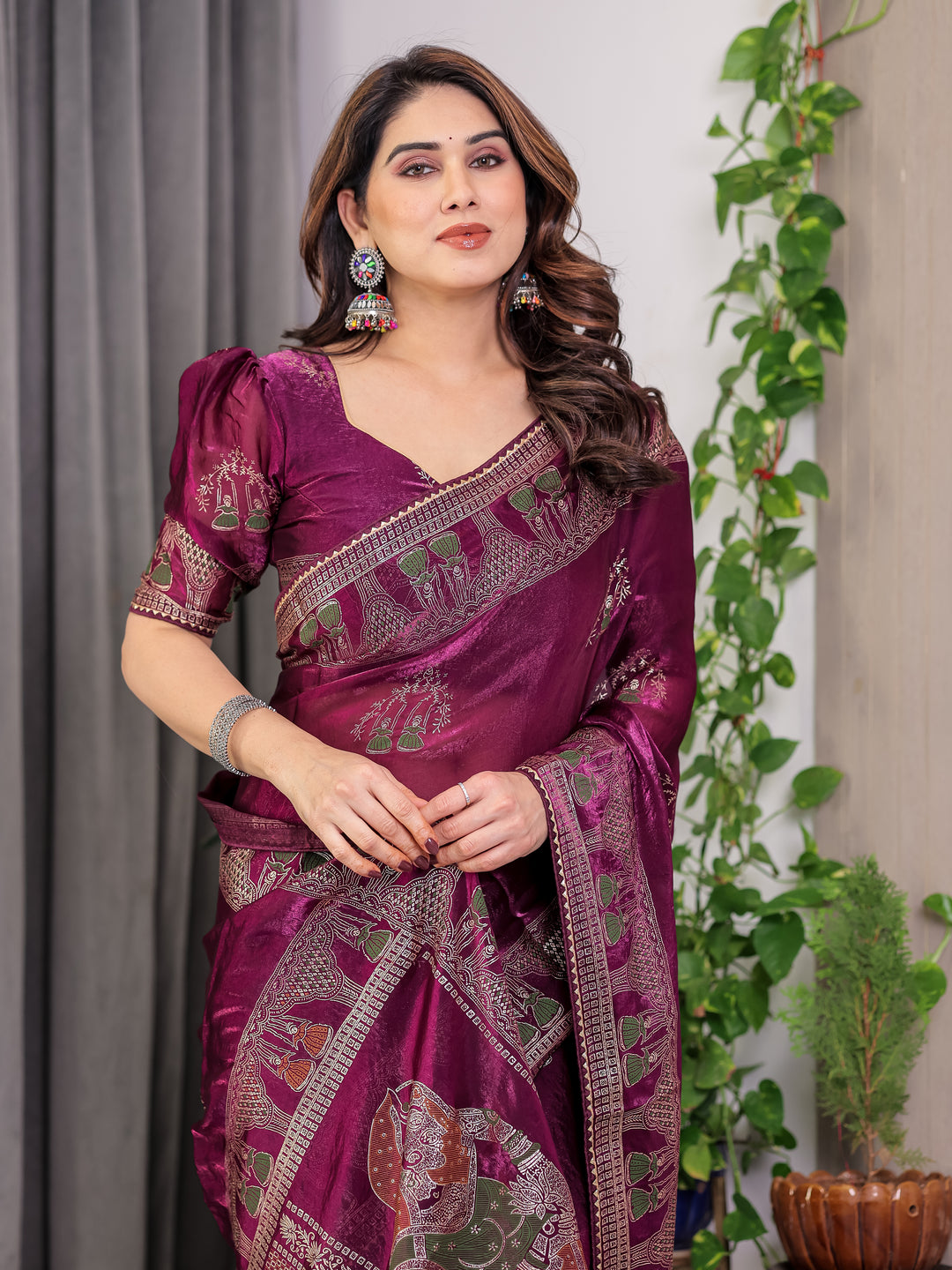 Wine Plum Fendi Satin Block & Foil Print Saree with Traditional Motif Border & Tassel Detail Blouse