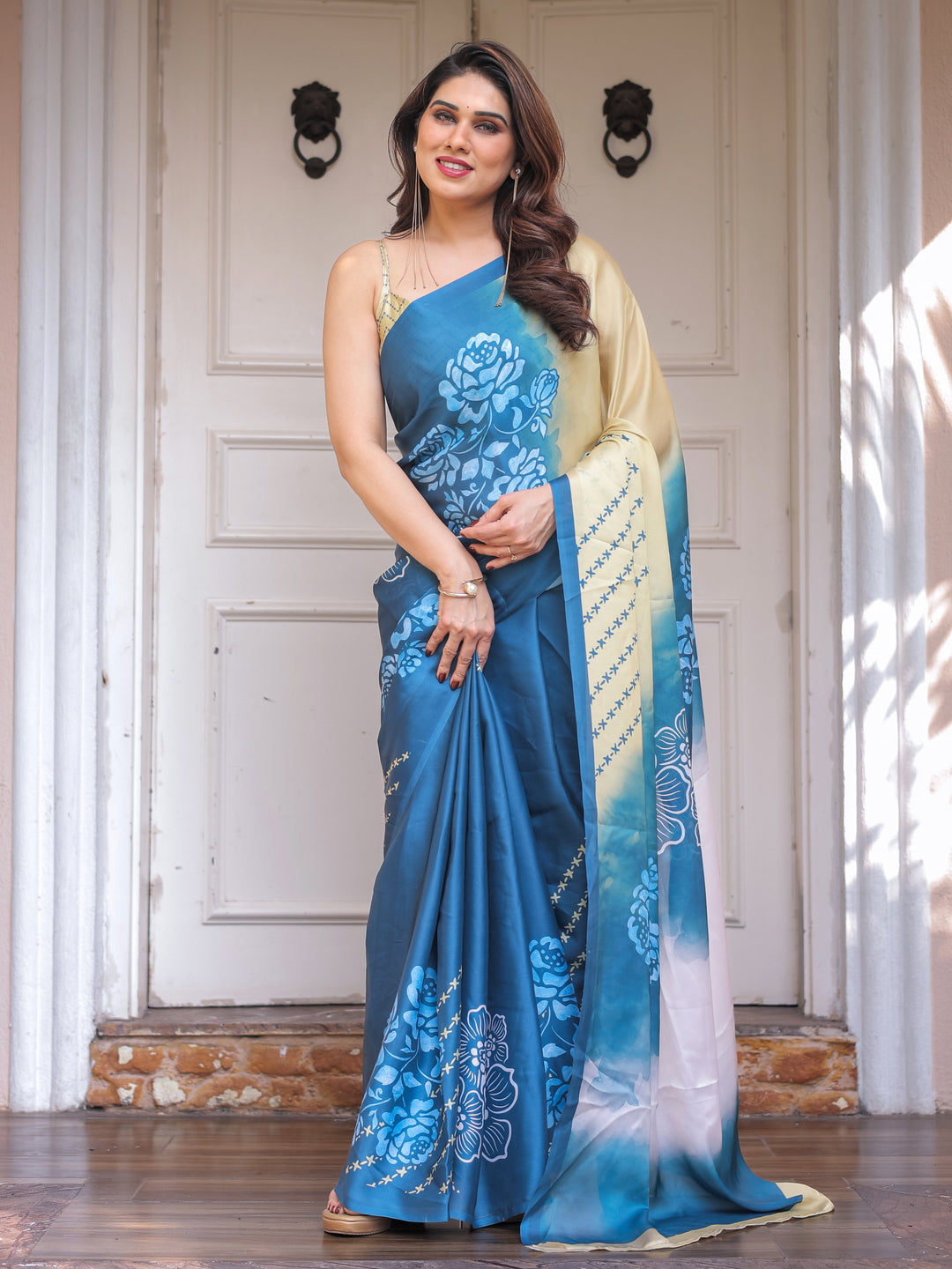 Steel Blue Ombre Floral Satin Georgette Saree with Contrast Pallu & Unstitched Blouse – Modern Festive & Party Wear