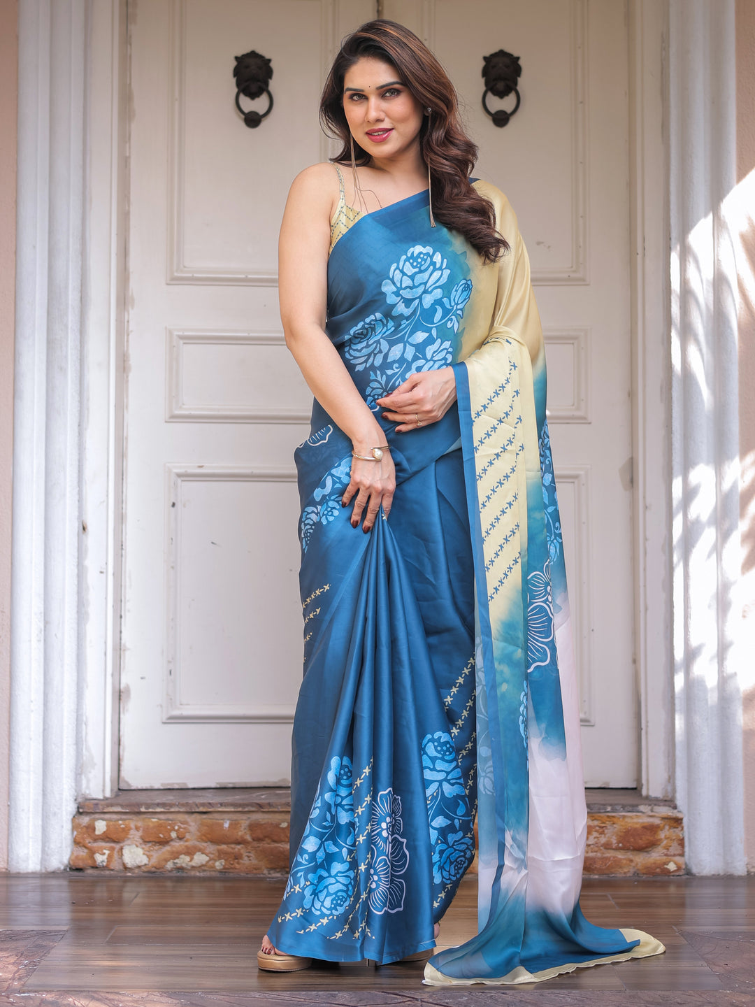 Steel Blue Ombre Floral Satin Georgette Saree with Contrast Pallu & Unstitched Blouse – Modern Festive & Party Wear