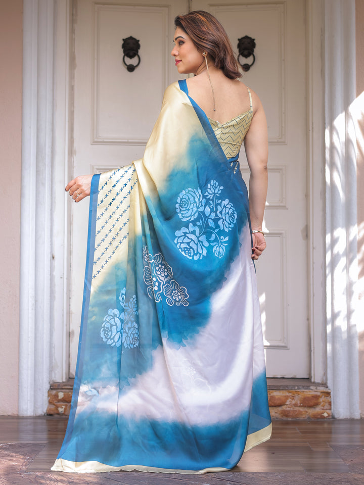 Steel Blue Ombre Floral Satin Georgette Saree with Contrast Pallu & Unstitched Blouse – Modern Festive & Party Wear