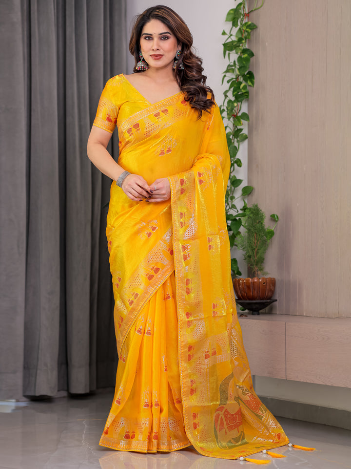 Mustard Yellow Fendi Satin Block & Foil Print Saree with Traditional Motif Border & Tassel Detail Blouse