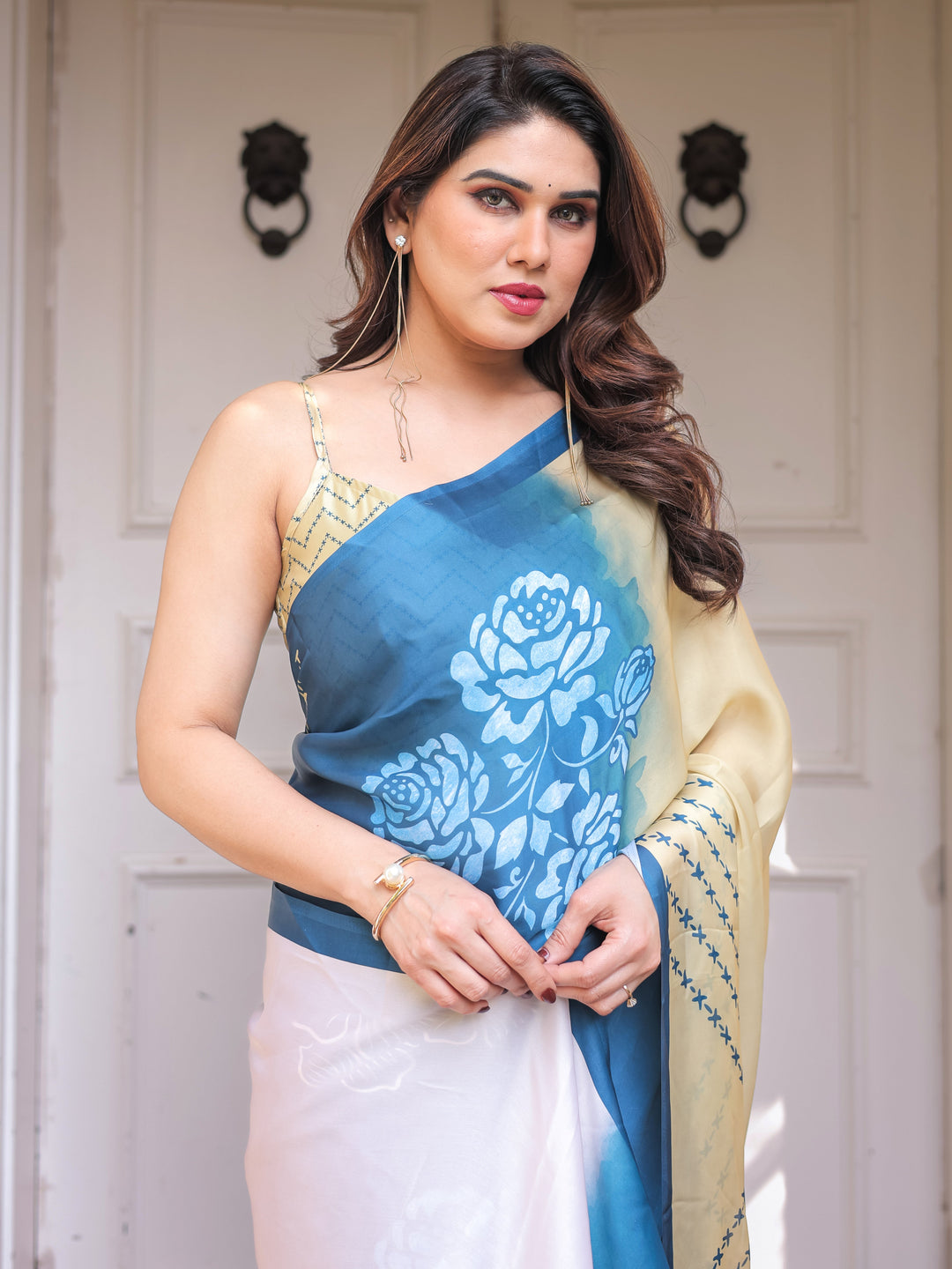 Steel Blue Ombre Floral Satin Georgette Saree with Contrast Pallu & Unstitched Blouse – Modern Festive & Party Wear